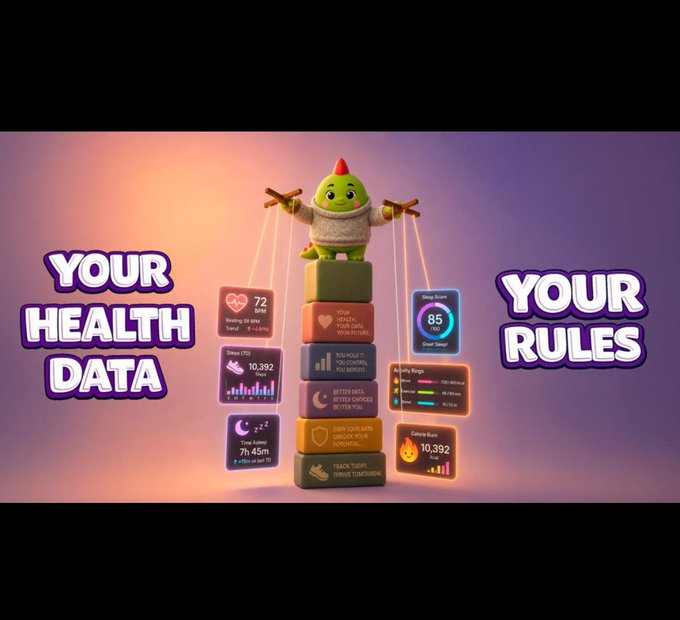 A 3D-rendered graphic of a small green gnome-like character controlling a marionette made of health metric blocks, with text "YOUR HEALTH DATA" on the left and "YOUR RULES" on the right, emphasizing user control over personal health information.
