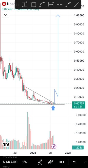 A TradingView weekly (1W) candlestick chart for the token NAKAUSD showing a descending triangle pattern breaking down to a low of $0.02757 (down 97.5%), with a blue arrow and chart pattern annotation indicating a potential breakout move.