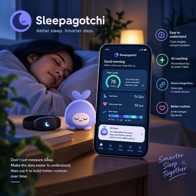A promotional image for 'Sleepagotchi' displays a sleep tracking app interface next to a sleeping woman, featuring the tagline 'Better sleep. Smarter days.' and 'Smarter Sleep Together'.