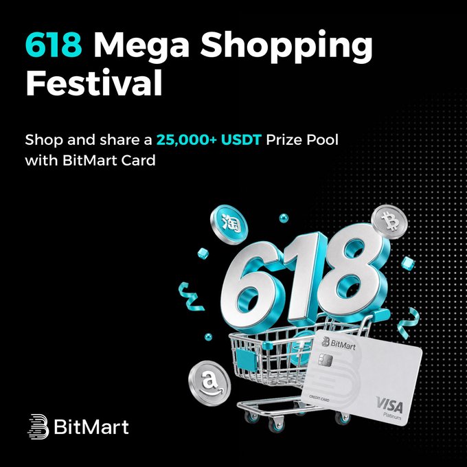 The image features an advertisement for a shopping festival called "6.18 Mega Shopping Festival" that takes place over six months, starting from September 1st and ending on December 31st. The festival aims to promote shopping and reward users with a 25,000+ USDT Prize Pool. To participate in the contest, users need to fill their shopping carts with items worth at least 6.18 dollars. The image also includes a shopping cart filled with coins and a Visa card, which is related to the post's title "6.18 Mega Shopping Festival".