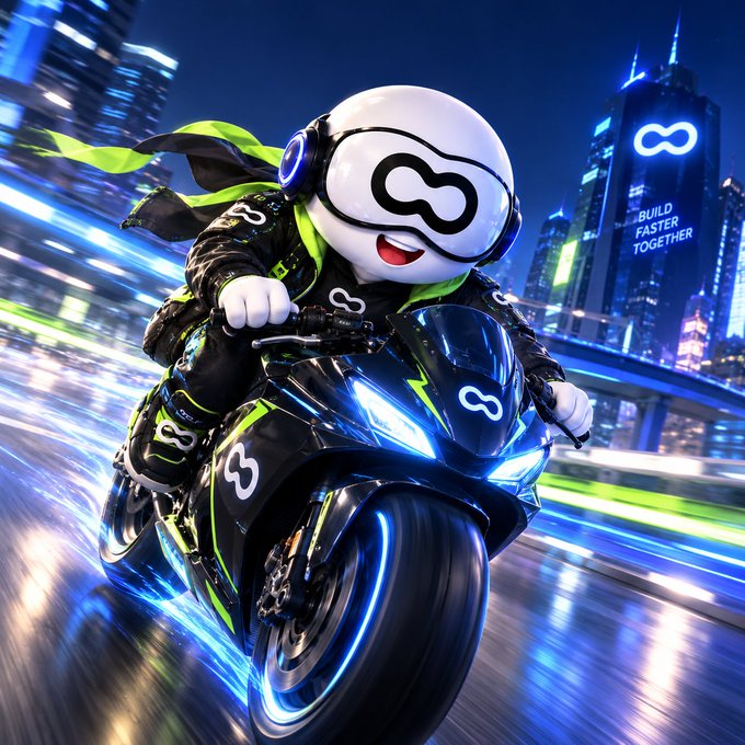 A digital illustration of a cartoon mascot character wearing a headset and goggles, riding a black motorcycle with green accents through a neon-lit city at night; a skyscraper in the background displays the logo and slogan "BUILD FASTER TOGETHER."
