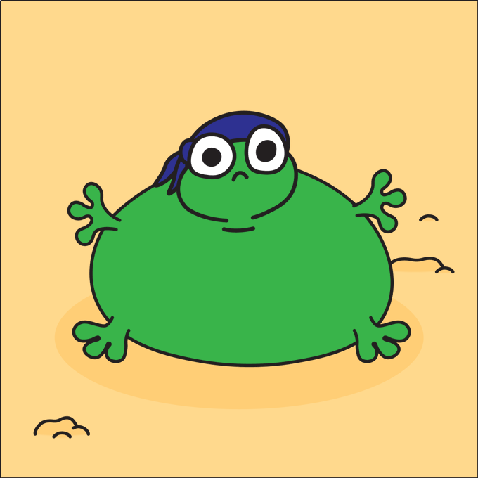 Cartoon illustration of a round green frog character wearing a blue bandana, standing against a sandy background.
