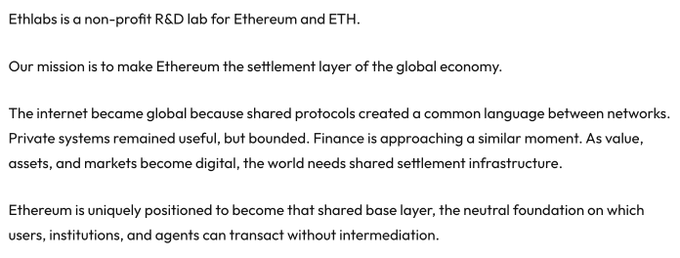 The image shows a white background with black text that reads "Ethereum is becoming the universal settlement layer. It is also a neutral foundation meaning an open environment where anyone can build their own financial infrastructure." The image focuses on the concept of Ethereum as a global currency and its potential impact on the financial world.