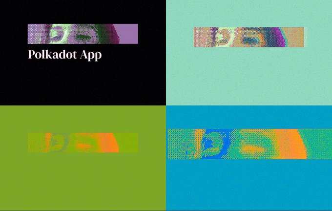 The image features an artistic rendering of four vertical strips, each depicting a face with different color schemes. These faces are arranged in a grid-like formation against a dark background. In one corner of the image, there's a green strip with a person's face on it. The other three strips have various color palettes: orange, blue, and black. The image also contains text that reads "Polkadot Dapp" at the bottom left, likely indicating the creator or platform behind this visual art piece.