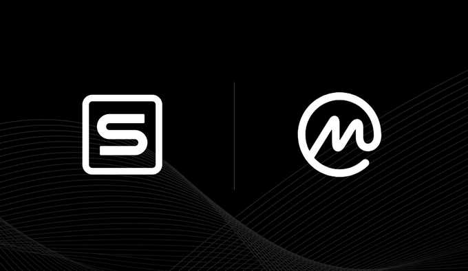 A black background displaying two white logos separated by a vertical line: a square logo with an 'S' and a circular logo with a stylized 'M' or 'm' wave design.