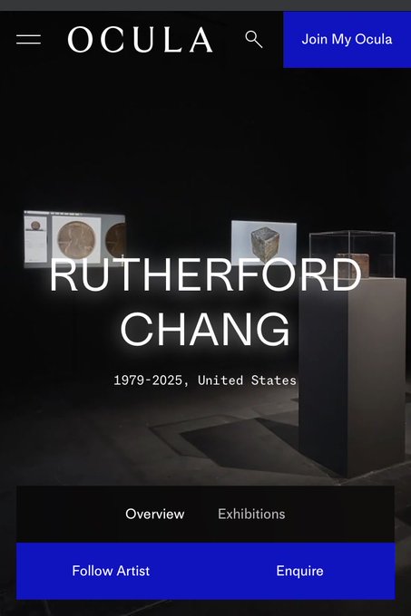 An Ocula art gallery page featuring artist Rutherford Chang (1979-2025, United States), displaying his artwork of coins encased in resin blocks in a gallery setting.
