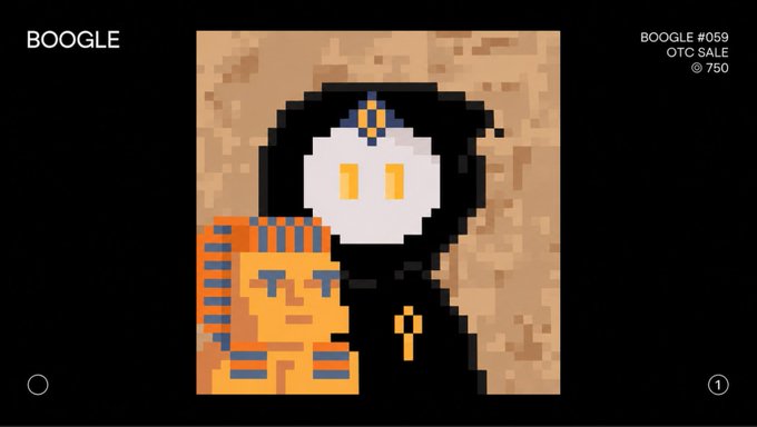 A pixel art-style digital collectible labeled "BOOGLE #059 OTC SALE ☼750" depicts an Egyptian pharaoh-like figure with a white skull face holding a golden sarcophagus mask, tying into the post's bullish crypto meme about "BOOGLE" flying regardless of bull or bear markets.