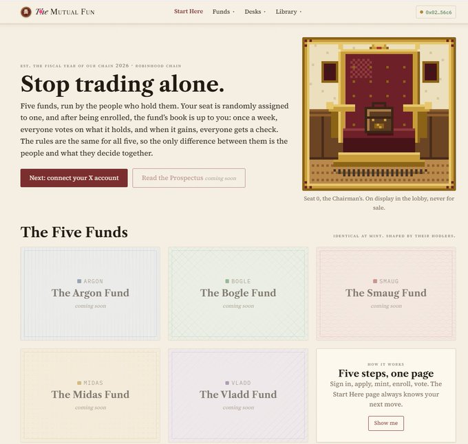 The Mutual Fun (TMF) homepage showing "Stop trading alone." with the tagline "EST. THE FISCAL YEAR OF OUR CHAIN 2026 • ROBINHOOD CHAIN" and five upcoming funds: Argon, Bogle, Smaug, Midas, and Vlad—each "coming soon"—alongside a pixel-art "Seat 0, the Chairman's" display and a Next step button to connect an X account.