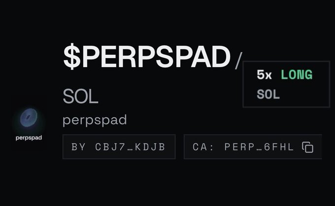 The image displays a cryptocurrency token page for "$PERPSPAD" (perpspad) on the Solana (SOL) blockchain, with key details including a 5x long SOL position, creator address "CBJ7...KDJB," and contract address "PERP...6FHL." This directly relates to the post's discussion of how a 5x leveraged long SOL paired token could perform during a bullish market.
