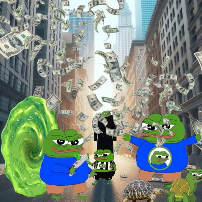 The image shows multiple Pepe the Frog characters celebrating in a city street as dollar bills rain down from the sky, with one Pepe emerging from a green portal, symbolizing the crypto pump and financial gains mentioned in the post promoting the TermMaxFi (TMX) booster program and Binance Square initiative with ANSEM.
