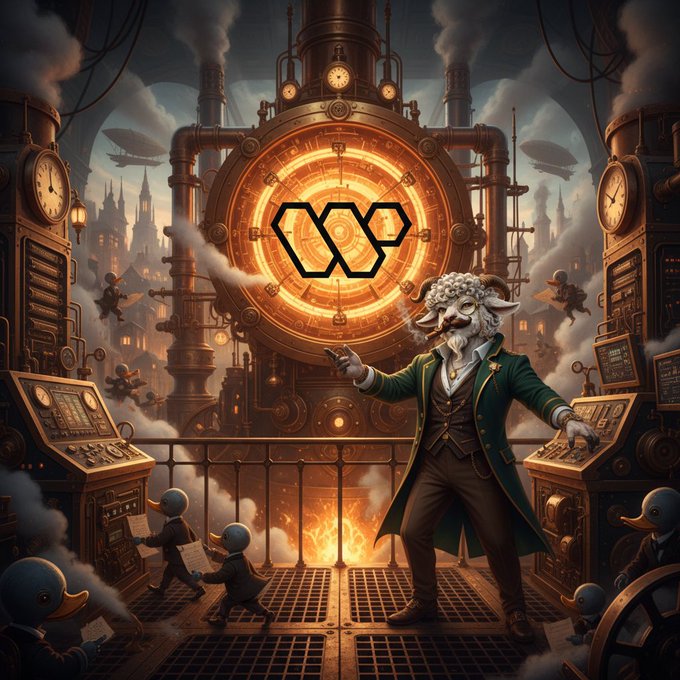 The image features a man dressed as a sheep standing in front of a clock, surrounded by clocks and other objects that resemble a steam room or an industrial setting. The man appears to be smoking a pipe while wearing a green coat. There are several other people present in the scene, some of whom seem to be running around with their hands raised.

The image also contains text related to the post about @wallchain creator campaigns and how they have suddenly started quacking for applications. The man dressed as a sheep is seen near one of these campaigns, possibly promoting it or participating in an event.