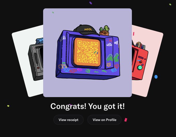Digital collectible confirmation screen displaying a cartoonish blue TV with a QR code on the screen, captioned 'Congrats! You got it!' with buttons for 'View receipt' and 'View on Profile'.