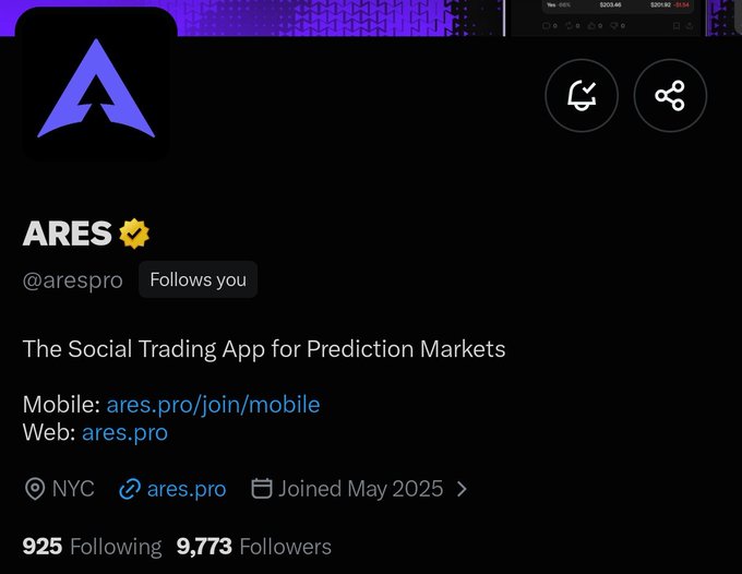 Twitter/X profile page for ARES (@arespro), described as 'The Social Trading App for Prediction Markets,' based in NYC, with links to ares.pro/join/mobile, joined May 2025, showing 925 Following and 9,773 Followers.