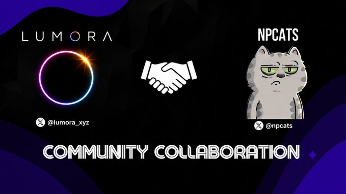 A promotional graphic announcing a community collaboration between Lumora (@lumora_xyz) and NPCATS (@npcats), featuring the Lumora logo on the left and the NPCATS cat character on the right, separated by a handshake icon, with "COMMUNITY COLLABORATION" displayed prominently at the bottom.