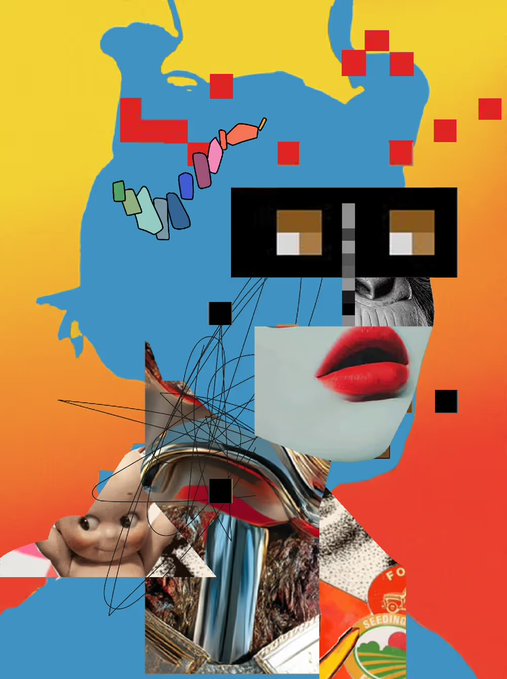 A vibrant abstract collage-style artwork featuring blue silhouettes, red pixel squares, photographic cutouts of red lips and a doll face, set against a yellow-to-red gradient background.