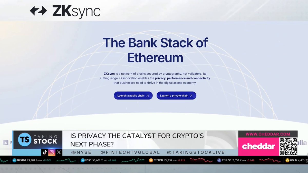 A screenshot from a webpage, showing a logo and text that says "The Bank Stack of Etherum". The website also contains a photo with a news article about cryptocurrency and the @zksync logo. The text in the post focuses on privacy when adopting digital assets, with an implication to use the bank stack for blockchain projects like Etherum.
