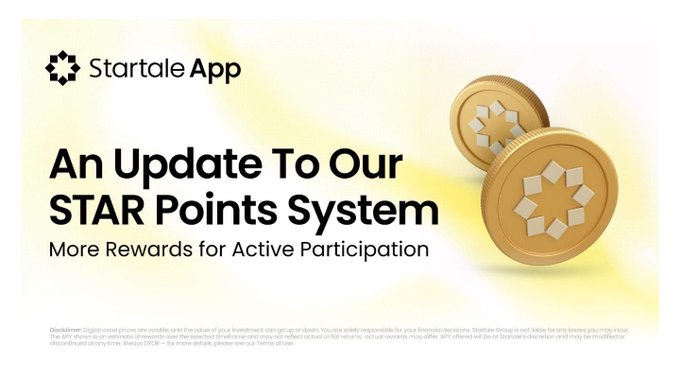 Startale App's announcement of an updated STAR Points system with two gold coins featuring star logos, detailing that active participants will now earn more rewards through GMs, monthly missions, and LP provision starting July 30.