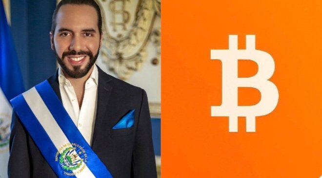 A side-by-side image features El Salvador's President Nayib Bukele wearing his presidential sash with the Bitcoin logo displayed prominently on an orange background, visually commemorating the country's historic purchase of 400 BTC and subsequent adoption of Bitcoin as legal tender five years ago.