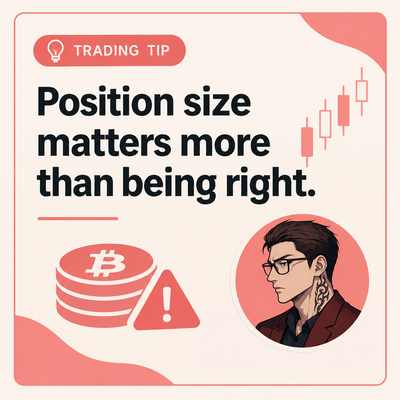A graphic titled "TRADING TIP" with the message "Position size matters more than being right," featuring illustrations of stacked Bitcoin coins, a candlestick chart, a warning triangle, and a cartoon portrait of a man with glasses and a neck tattoo.