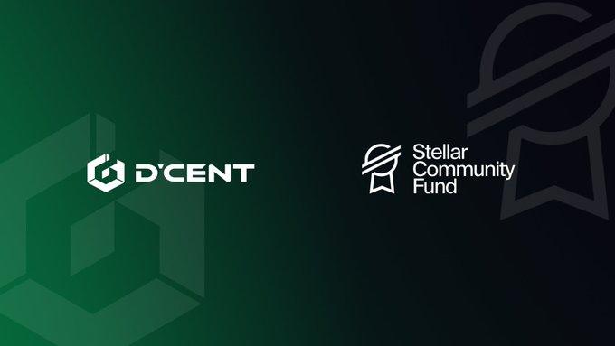 The image features two logos, one for D'CENT and another for the Stellar Community Fund. The D'CENT logo is green and white, while the Stellar Community Fund logo is black and white. Both logos are displayed against a dark blue background with a gradient effect. The text "Big news for the D'CENT community D'CENT has been selected for the Stellar Community Fund by @StellarOrg" is present in the image.