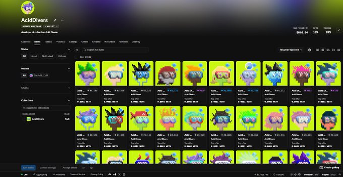 Screenshot of the AcidDivers NFT collection page showing a gallery of pixel-art avatars with various prices displayed in ETH, collection stats at the top right, and filter options on the left sidebar.