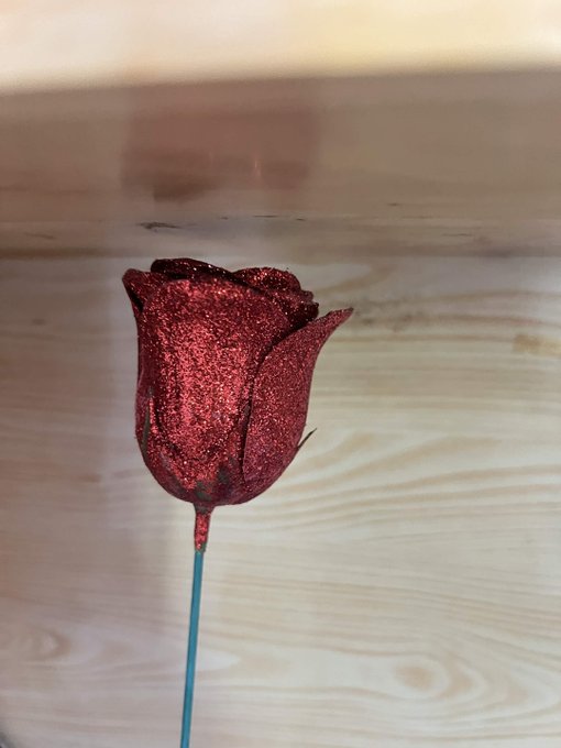 A sparkly red rose sits against a wooden surface, symbolizing quiet dedication. The image pairs with the post's theme of consistent effort ("just grinding as usual and showing up every day"), reflecting beauty and resilience in daily grind rather than any visible text or tickers.
