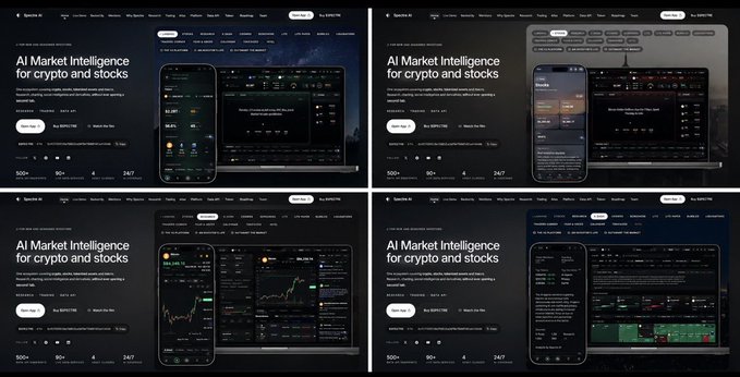 A 2x2 grid of website screenshots advertising an 'AI Market Intelligence for crypto and stocks' platform, showing mobile and desktop views of dashboards with charts, watchlists, and trading interfaces.