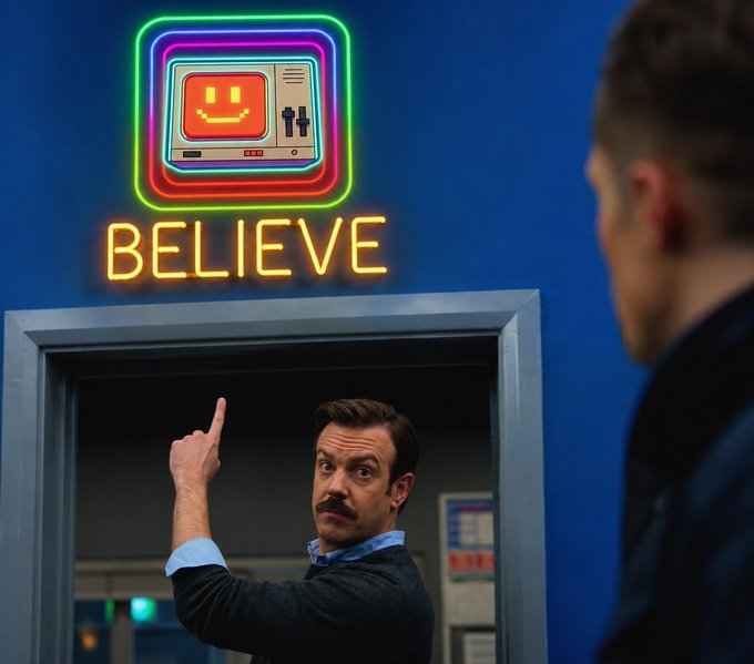 A man points upward at a neon sign displaying a retro computer with a smiley face and the word "BELIEVE," visually reinforcing the post's message about the unwavering conviction that $BNKR will reach $1B.