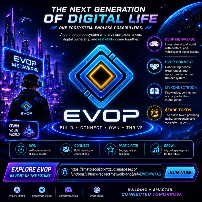 A promotional graphic for 'EVOP' metaverse featuring 'THE NEXT GENERATION OF DIGITAL LIFE' with sections on EVOP Metaverse, EVOP Connect, MyKonnectBook, and EVOP Token, along with a suspicious 'ernettvecoizbtkmzzug.supabase.co' link.