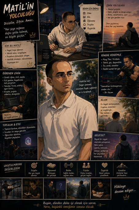 A Turkish-language infographic titled "Matil'in Yolculuğu" features a young man in glasses, divided into panels detailing themes like "Disiplin, Zihin, Amaç," "Zihin Yolculuğu," "Ringe Kendimle," and "Öğrenen Zihin."