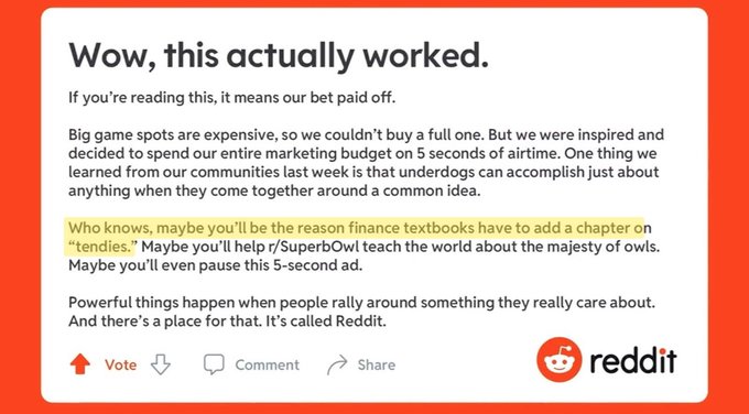 A screenshot of a Reddit advertisement titled 'Wow, this actually worked,' explaining how Reddit users purchased a 5-second Super Bowl ad by crowdfunding, with highlighted text mentioning 'tendies' and 'r/SuperbOwl'.