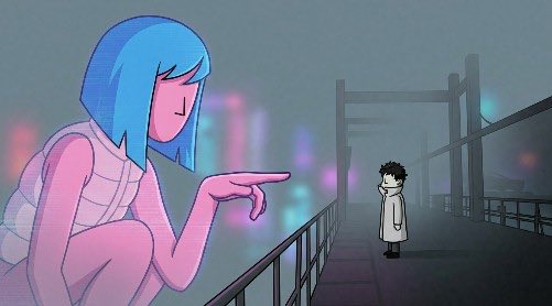 An animated illustration featuring a blue-haired character pointing toward a smaller figure in a white coat on a bridge with a blurred cityscape background.