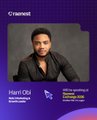 A promotional graphic announcing Harri Obi, described as a "Web3 Marketing & Growth Leader," as a speaker at Raenest Exchange, featuring his professional headshot alongside his credentials of helping position Nigeria as the 6th-largest Solana developer hub and building a community with $1.5M+ GDP.