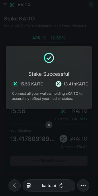 A mobile screenshot of the kaito.ai website showing a successful staking confirmation of 15.56 KAITO for 13.41 sKAITO at an APR of 12.52%.