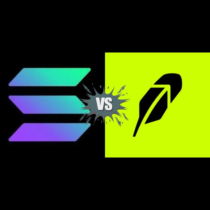 The image features a "VS" graphic between the Solana logo (left, with its teal-to-purple gradient stripes) and the Robinhood feather logo (right, in black on a bright yellow-green background), with a comic-style explosion burst containing "VS" in the center.

This visual reinforces the post's framing of a head-to-head comparison between Robinhood Chain and Solana, illustrating the "rudimentary" nature of the comparison the author criticizes—pitting the two blockchains against each other while suggesting that deeper analysis of Solana's native project development waves provides more meaningful context.