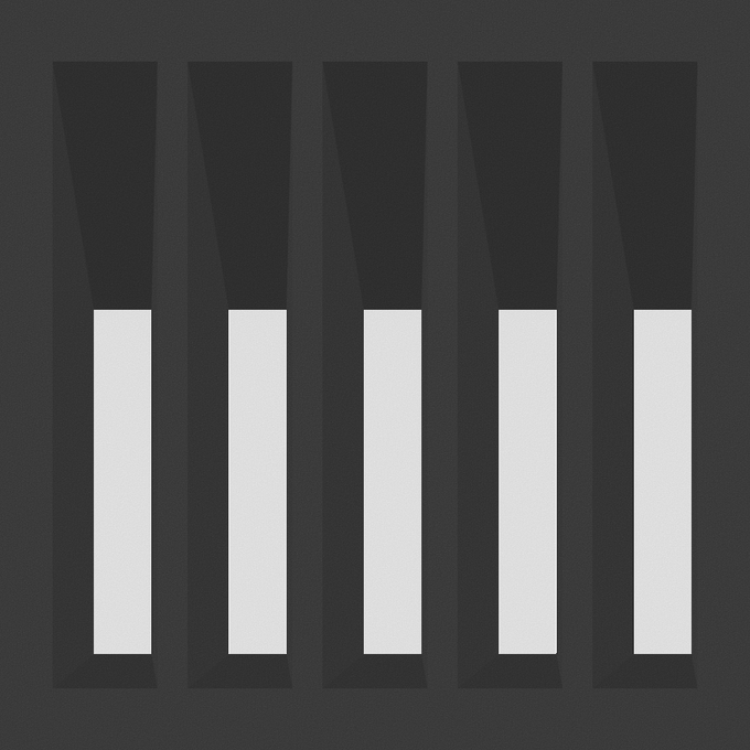 A minimalist black and white graphic with five glowing white vertical bars against dark trapezoidal shapes, resembling a digital volume indicator or audio visualizer.