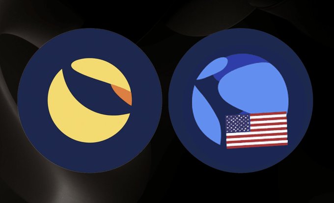 Two dark blue circular logos side by side: the left features a stylized yellow and orange swooping design resembling the Luna cryptocurrency logo, while the right shows a blue globe design with an American flag overlay.