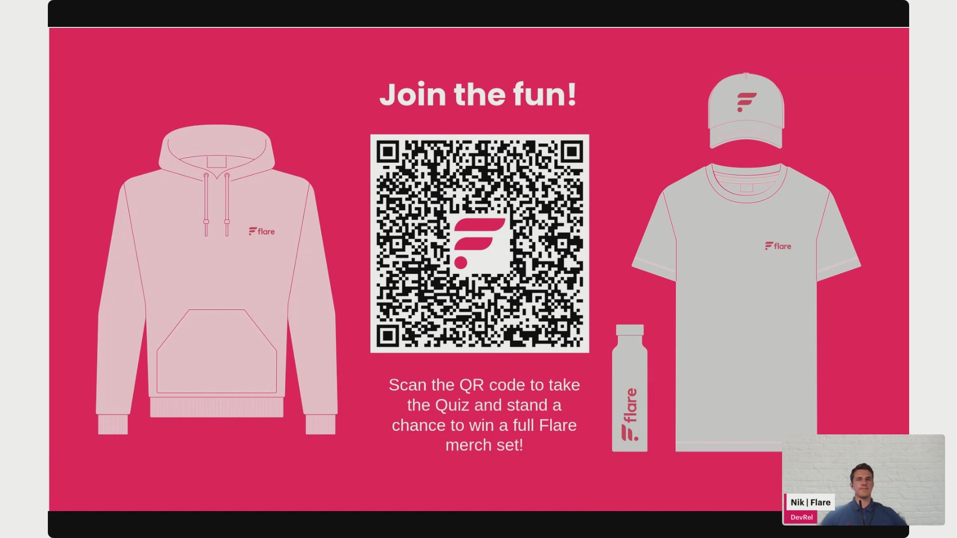 The image shows a man sitting at a computer screen, with a banner that reads "Flare Builder Online Workshops - Session 21: Cross-chain Mint & Redeem". The banner also includes an image of a hoodie and a t-shirt on the poster.