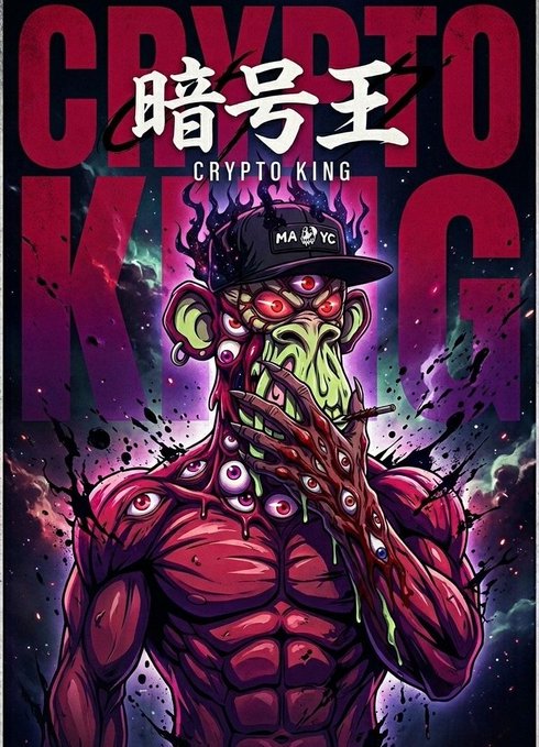 A stylized cartoon illustration titled 'CRYPTO KING' with Chinese characters '暗号王' (Crypto King), depicting a three-eyed green-skinned character with multiple eyes on his body, wearing a black cap with 'MAYC' on it, set against a reddish space backdrop.