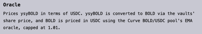 Text titled 'Oracle' explaining how ysyBOLD is priced in terms of USDC through the vaults' share price and Curve BOLD/USDC pool's EMA oracle, capped at 1.01.