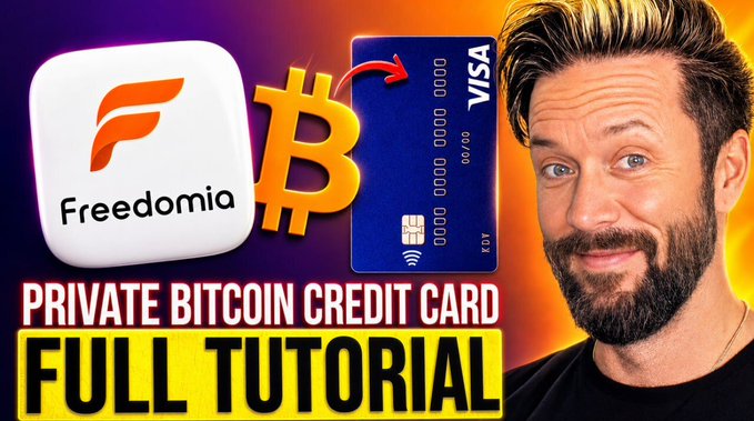 A thumbnail featuring a bearded man alongside the Freedomia app logo, a Bitcoin symbol, and a Visa card, promoting a "PRIVATE BITCOIN CREDIT CARD FULL TUTORIAL" that relates to the post about obtaining a non-KYC prepaid Visa card reloadable with Bitcoin via Freedomia.