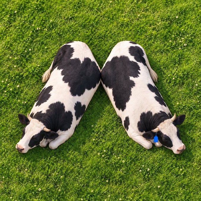 An aerial view of two black and white cows lying on green grass, positioned back-to-back in a way that makes them appear as mirror images of each other.