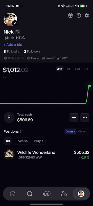A mobile screenshot of a crypto portfolio profile for Nick (@Nick_HTLC) showing $1,012.02 total value with a sharp recent increase, $506.69 total cash, and one open position in Wildlife Wonderland (WW) worth $505.32 up 0.17%.