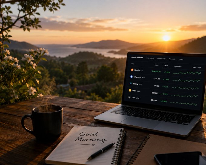 A steaming coffee mug sits beside a laptop displaying crypto market data (BTC, ETH, SOL) and a notebook labeled "Good Morning," set against a serene sunrise over misty hills—perfectly capturing the post's "GM" vibe of starting the day with a market check and a mindful, productive mindset.