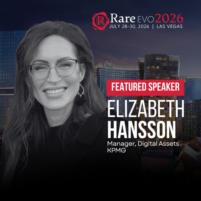Speaker announcement for 'Rare EVO 2026' (July 28-30, 2026, Las Vegas) featuring Elizabeth Hansson, Manager of Digital Assets at KPMG.