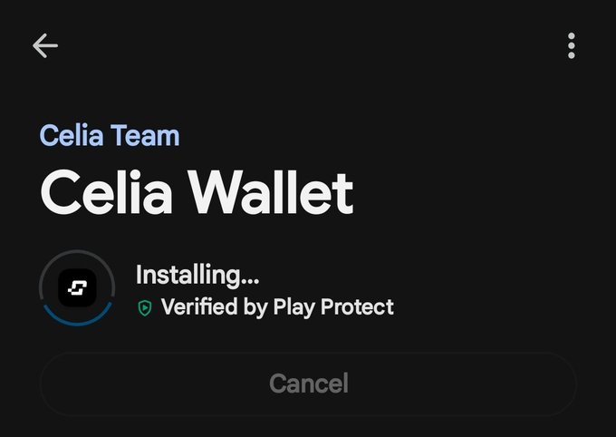 A Google Play Store installation screen showing 'Celia Wallet' by Celia Team with a 'Verified by Play Protect' badge and an 'Installing...' progress indicator.