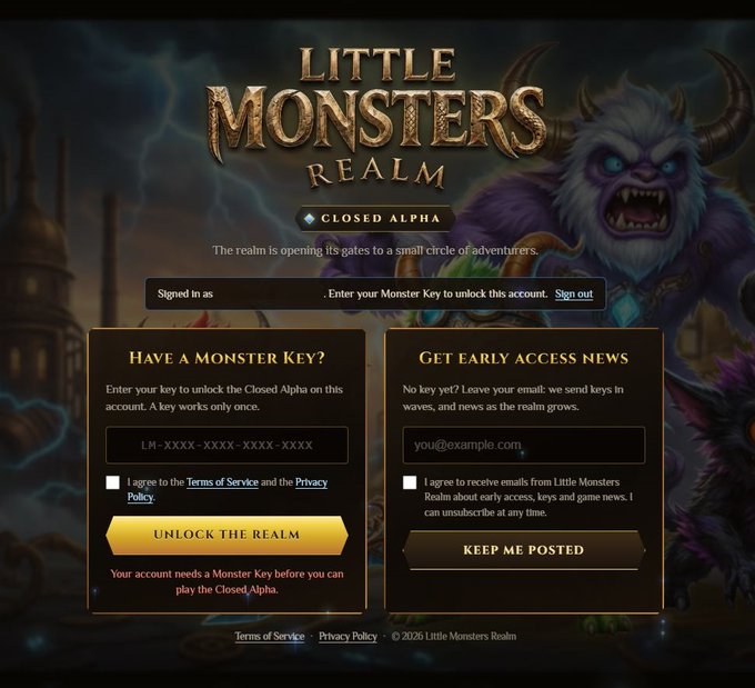 The image shows the "Little Monsters Realm" Closed Alpha login page, featuring a furry horned monster mascot, with options to enter a Monster Key or sign up for early access news. While the post promotes XRP community activity on Discord, the image itself is unrelated promotional material for a separate gaming alpha test.