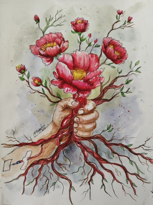 A watercolor and ink painting depicts a hand gripping the red, vein-like roots of blooming pink flowers, with a medical IV line taped to the wrist, symbolizing the connection between life and medical treatment.