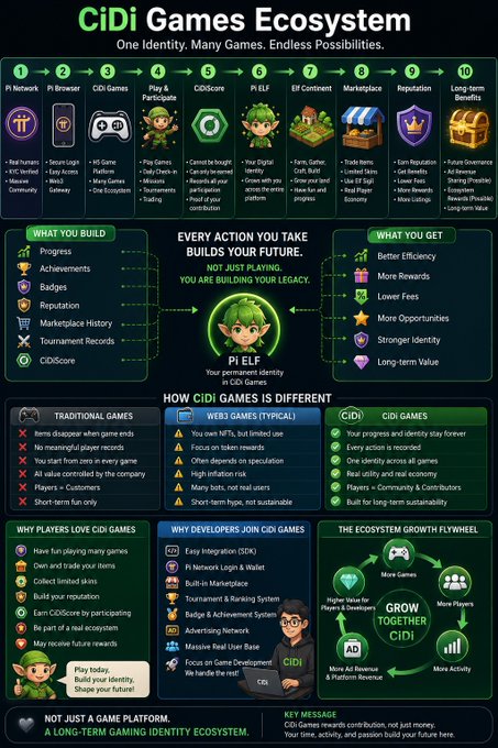 An infographic titled 'CiDi Games Ecosystem' with the tagline 'One Identity. Many Games. Endless Possibilities,' illustrating a 10-step process and comparing traditional games, Web3 games, and CiDi Games.