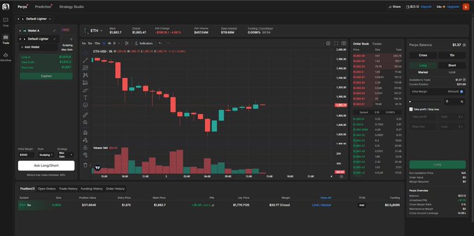 The image presents a stock market trading dashboard that is open on an app named "Arbitrum". The dashboard displays a chart with three different colored bars representing price data for Bitcoin, Ethereum, and Ripple. These bars are currently showing red, green, and blue prices respectively, which indicates the fluctuation in value throughout the day. 

The post titled "Lighter is now live on @minara You can now open trades on Minara with 70% lower fees and start collecting Sparks points." It suggests that users should visit the Arbitrum app to invest their money in the Bitcoin and Ripple cryptocurrency markets, as it has been found that this app provides more favorable trading conditions compared to other exchanges. The post also mentions the importance of depositing a certain amount (10 USDC) on Arbitrum for successful trades.